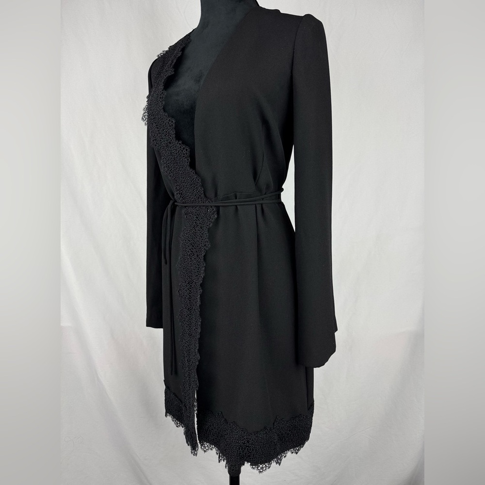 MNG Elegant Black Lace Trim Cardigan with Waist Tie - Picture 3 of 9